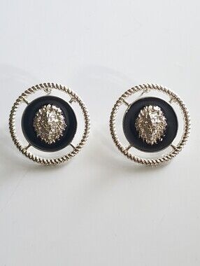 Silver Lion Medallion Black Enamel Stud Earrings